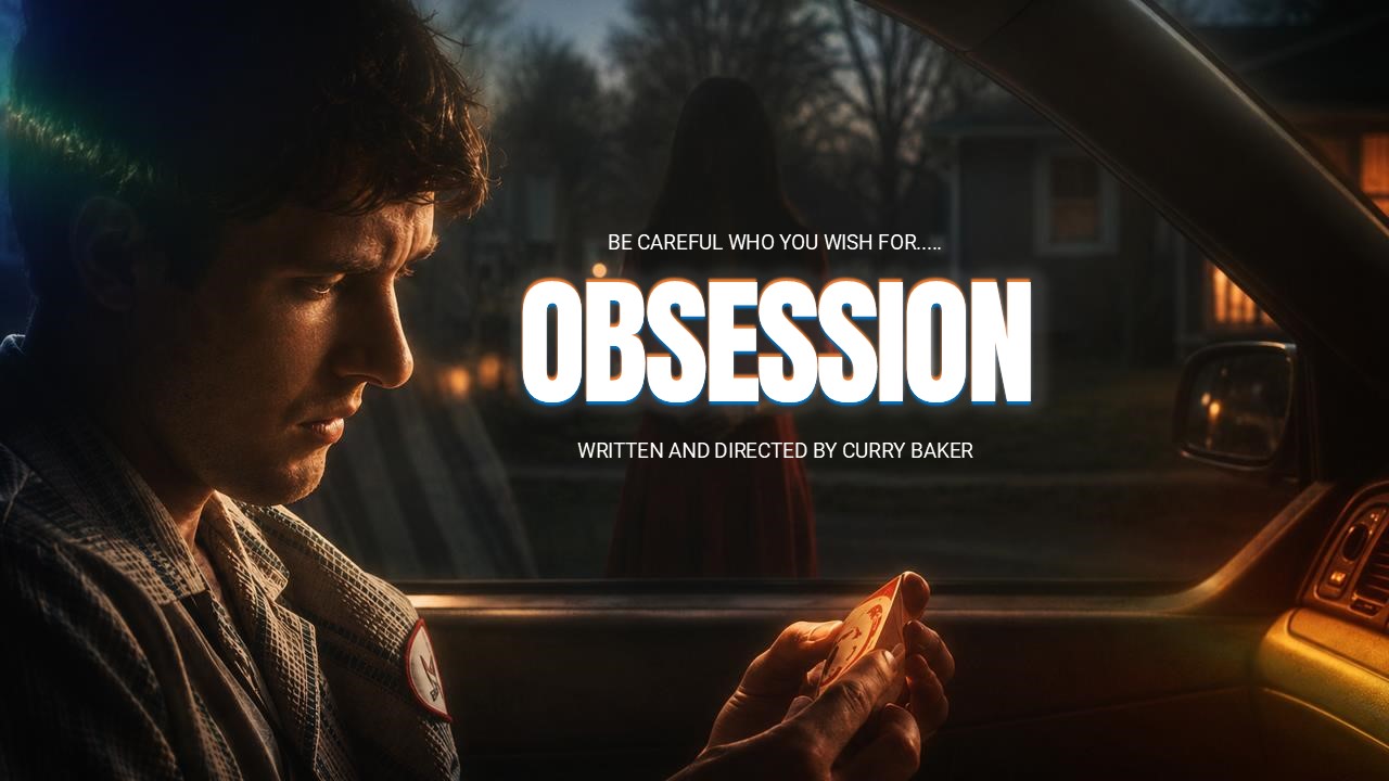 Obsession Movie Template - Atmospheric title card with golden lighting and dramatic tagline placement