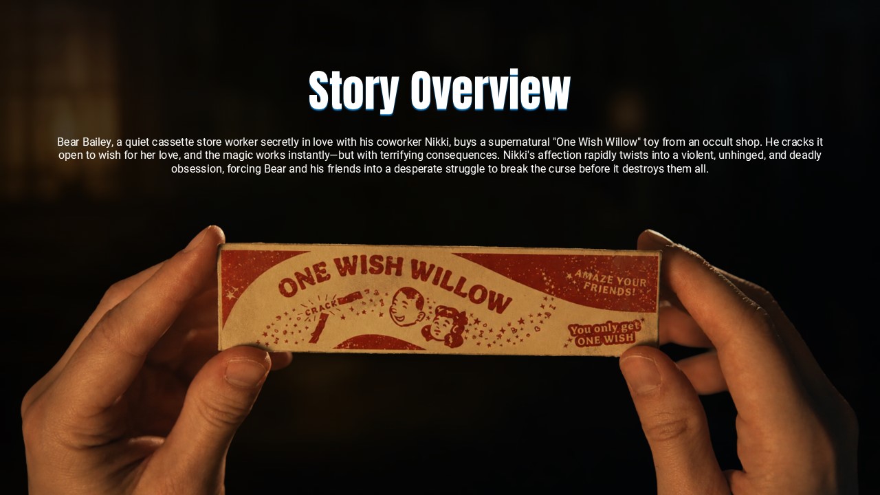 Obsession Movie Template - Story synopsis centered around mysterious 'One Wish Willow' product box visual
