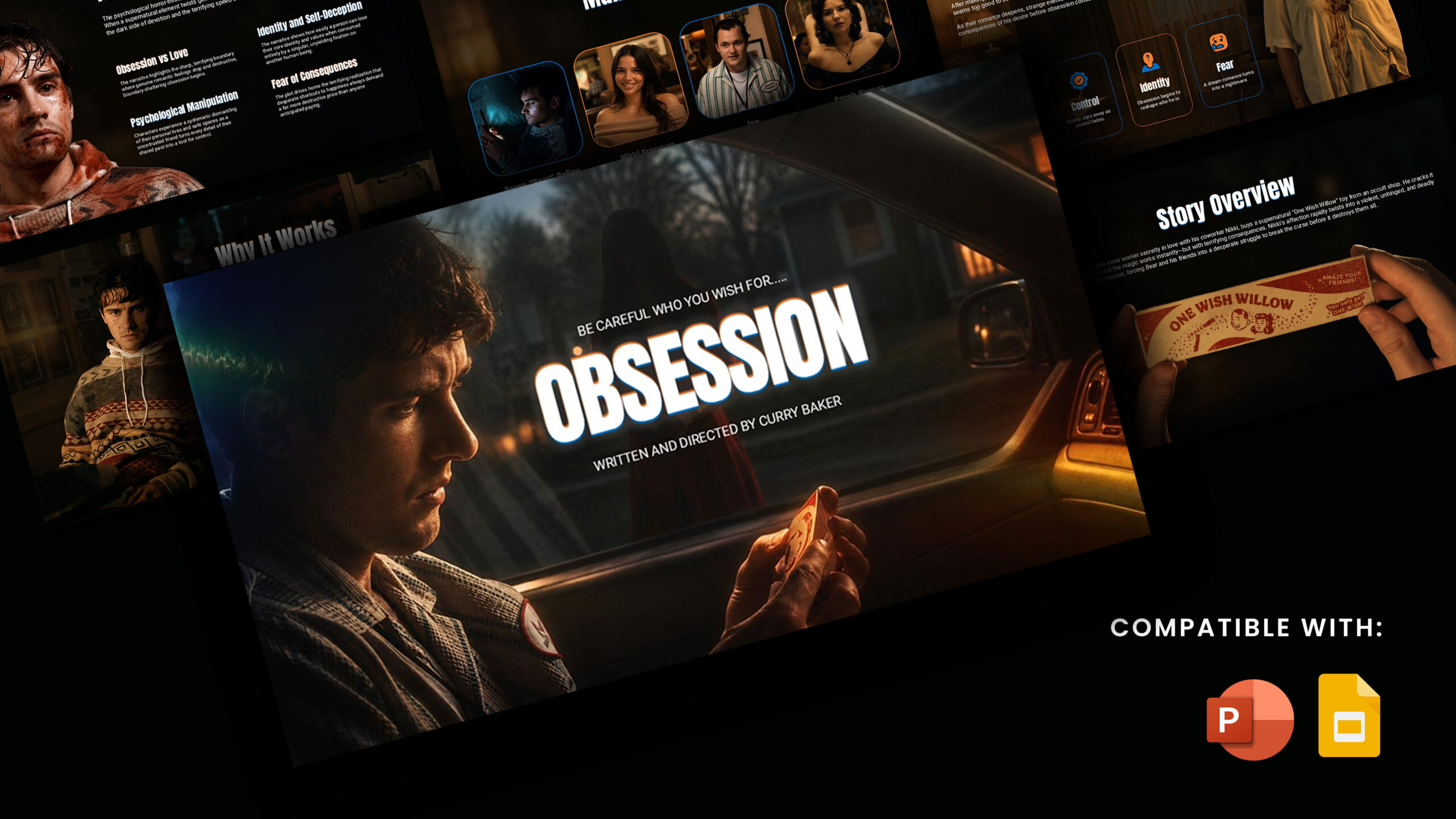 Obsession Movie Template - Cinematic showcase featuring dramatic character portraits surrounding bold title treatment