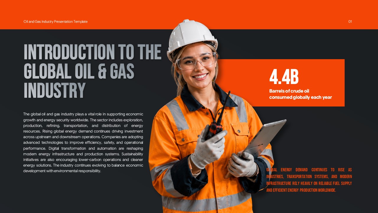 Oil and Gas Industry Template - Introduction slide with female worker and industry statistics