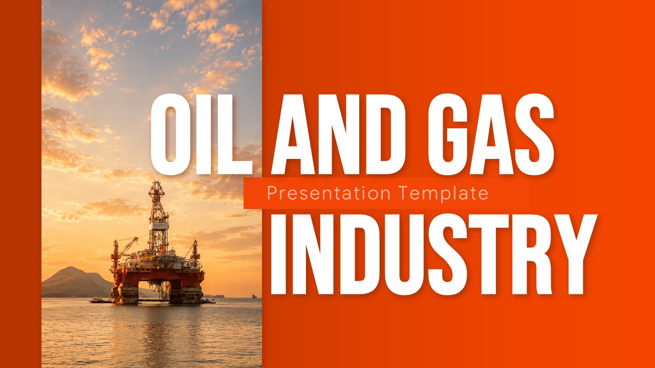 Oil and Gas Industry PowerPoint Template - Title slide with offshore drilling platform at sunset