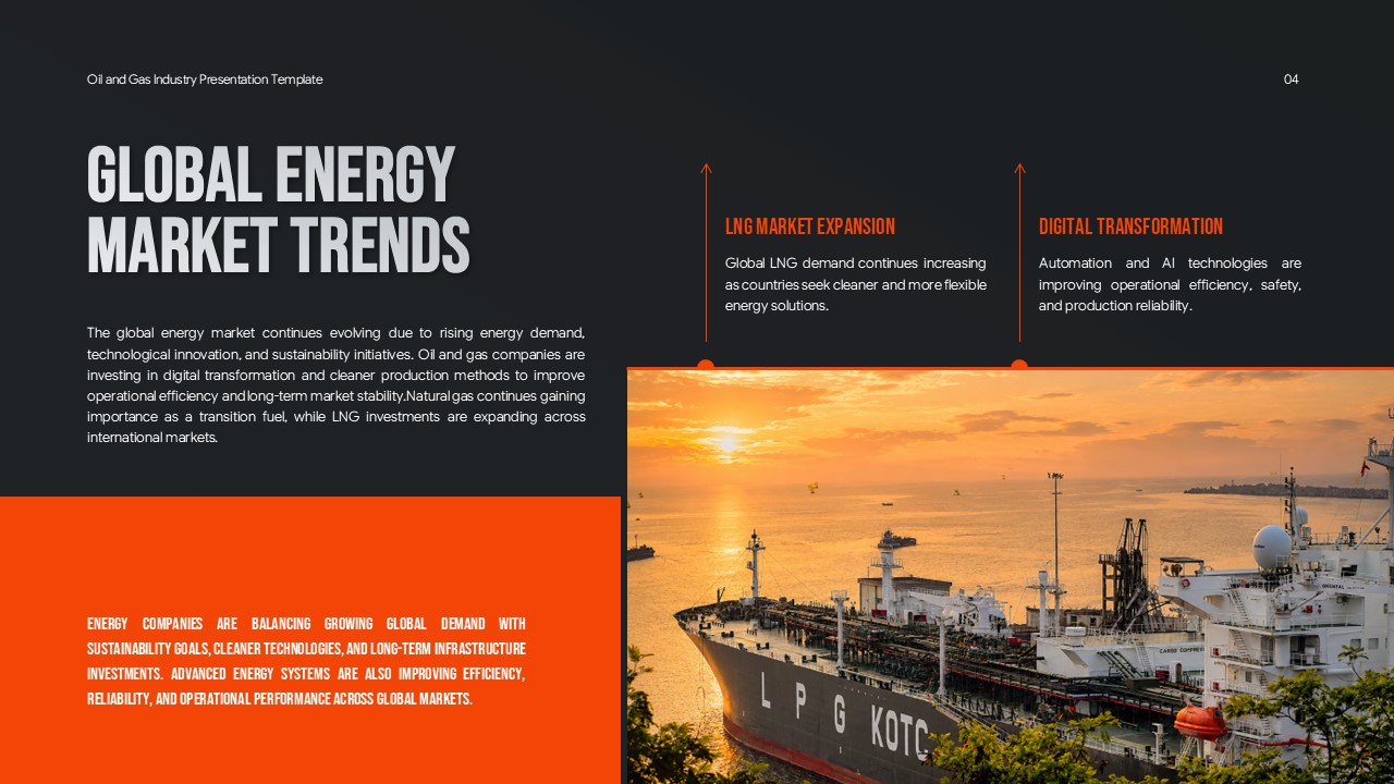 Oil and Gas Industry Template - Market trends slide with LNG tanker and digital transformation topics