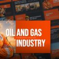 Plantilla para la industria del petróleo y el gas: diapositiva de portada con trabajador con equipo de seguridad y fondo de collage industrial.