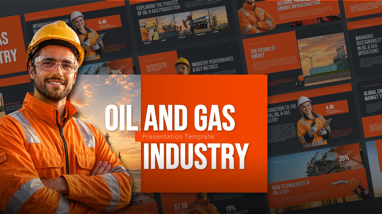 Oil and Gas Industry Template - Cover slide with worker in safety gear and industrial collage background