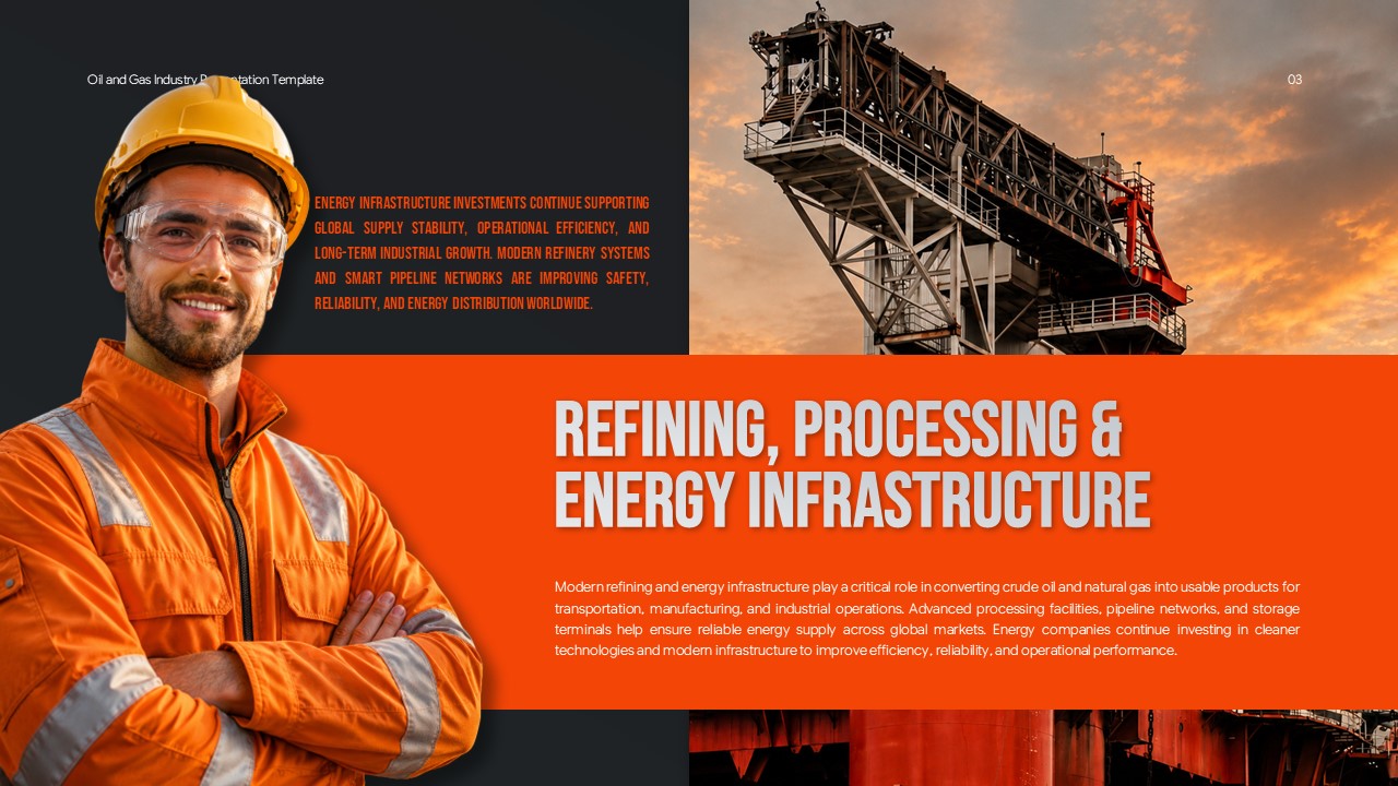 Oil and Gas Industry Template - Refining infrastructure slide with worker and processing facility