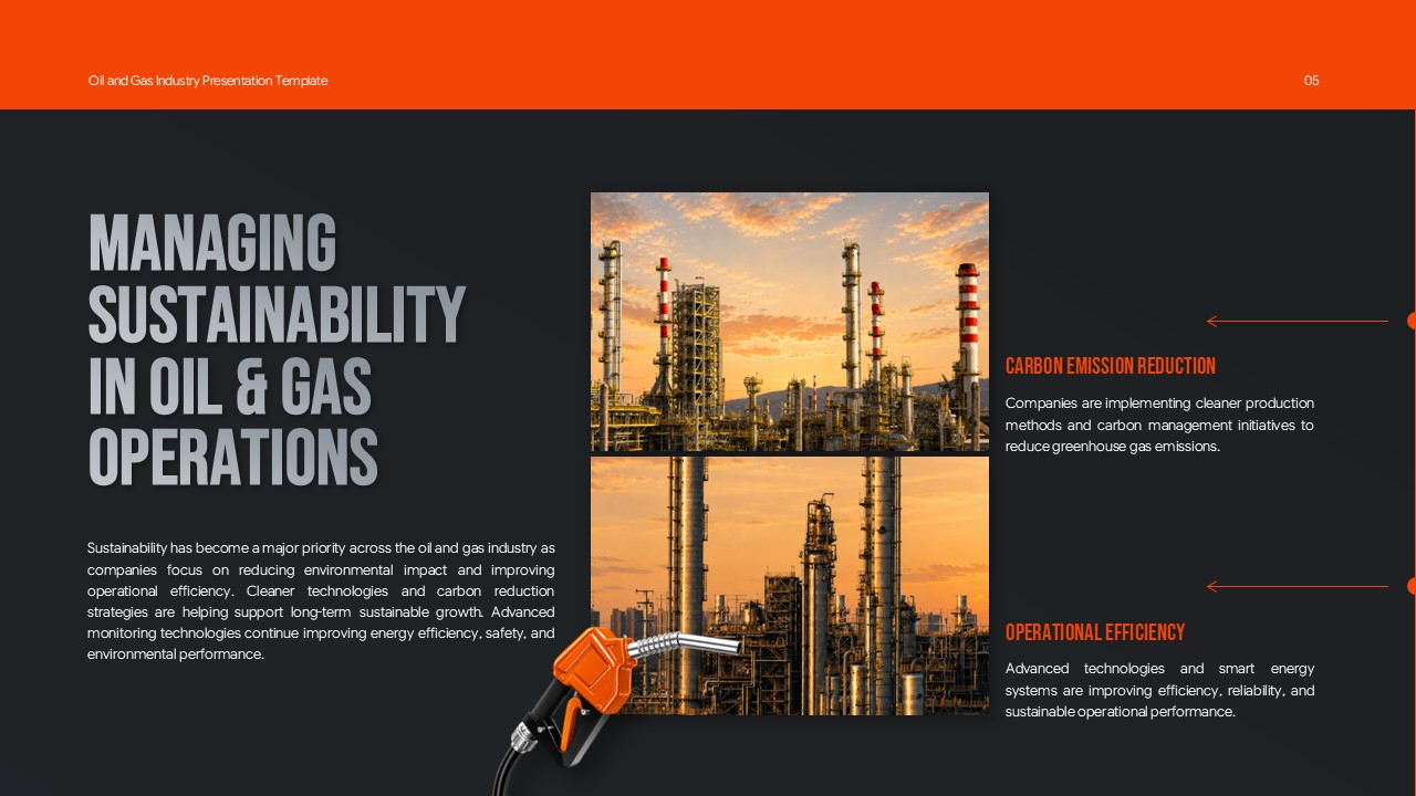 Oil and Gas Industry Template - Sustainability slide featuring carbon emission reduction and operational efficiency