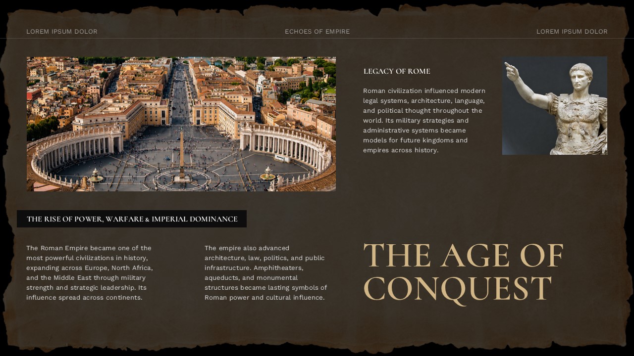 Old Maps History Lesson Template - Age of Conquest slide with Roman Empire aerial view and emperor statue