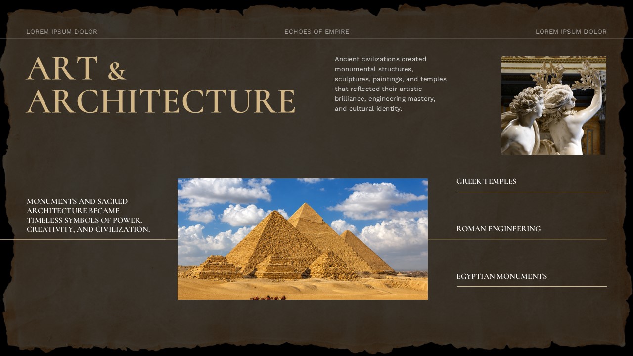 Old Maps History Lesson Template - Art and Architecture slide with pyramids photo and Greek, Roman, Egyptian list