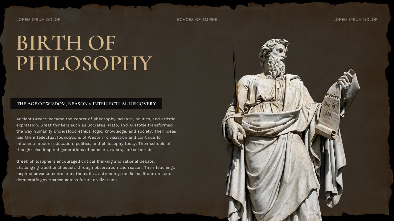 Old Maps History Lesson Template - Birth of Philosophy slide with classical statue and Ancient Greece narrative