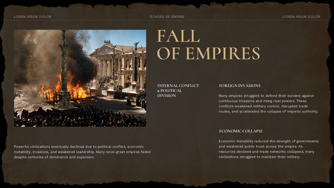 Old Maps History Lesson Template - Fall of Empires slide with burning city image and three decline factors listed