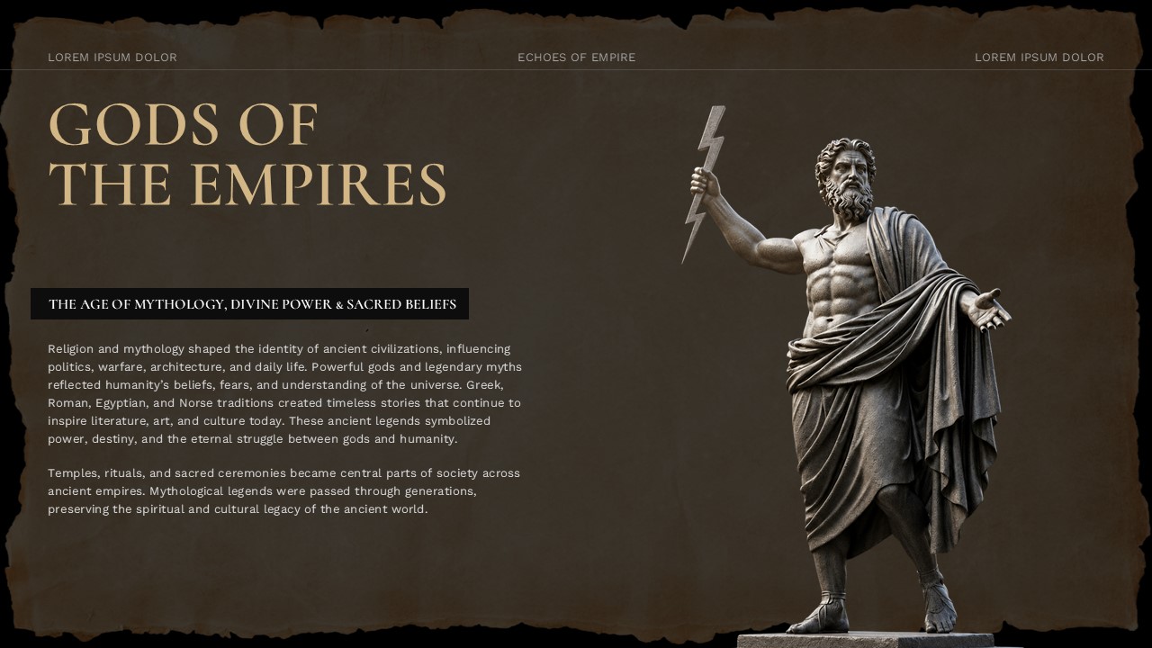 Old Maps History Lesson Template - Gods of the Empires slide with Zeus statue and ancient mythology narrative