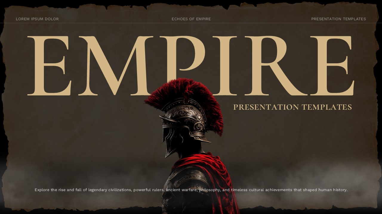 Old Maps History Lesson Template - Title slide with Roman soldier, gold EMPIRE typography, and torn parchment border