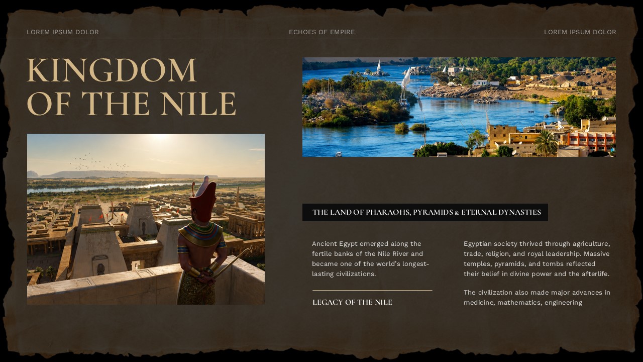 Old Maps History Lesson Template - Kingdom of the Nile slide with Nile panorama and Ancient Egypt narrative text