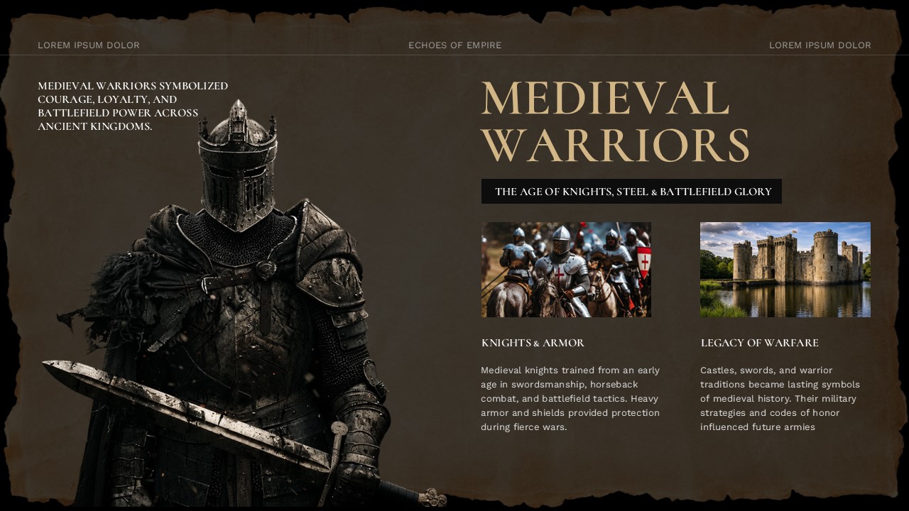 Old Maps History Lesson Template - Medieval Warriors slide with armored knight and two content image cards