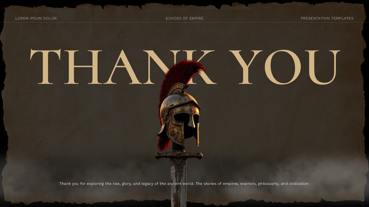 Old Maps History Lesson Template - Thank You closing slide with Roman helmet on sword and cinematic typography