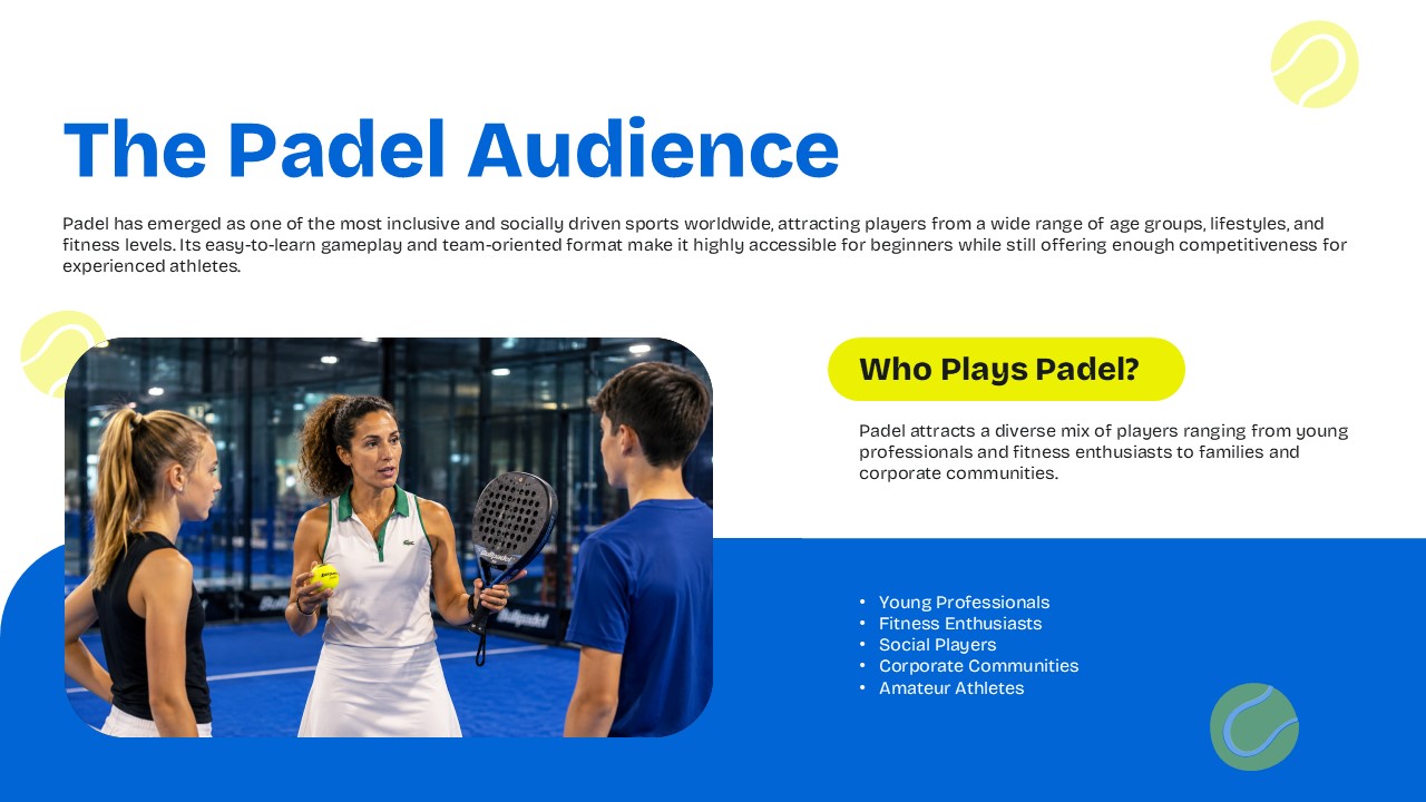 Padel Sport Template - Target audience slide identifying key demographics and player types in padel