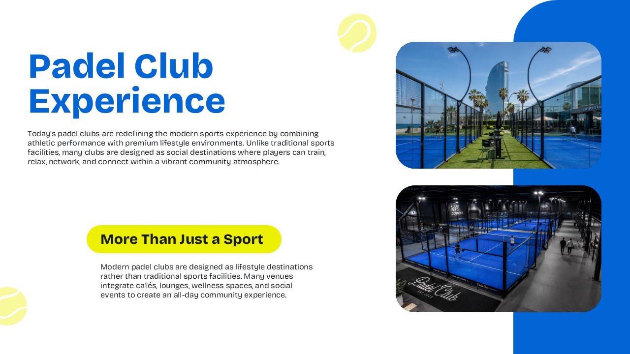 Padel Sport Template - Facility experience slide showcasing modern padel club amenities and lifestyle