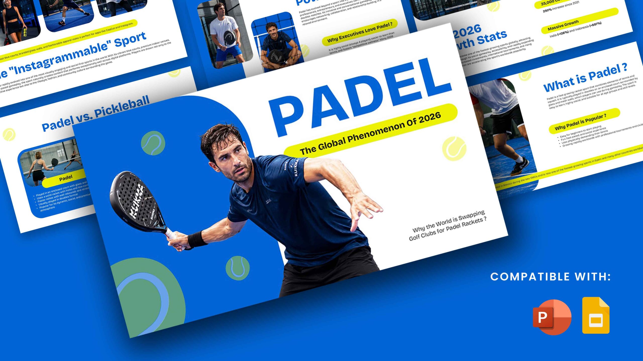 Padel Sport Template - Complete presentation template showcasing 11 slides about padel tennis sport phenomenon