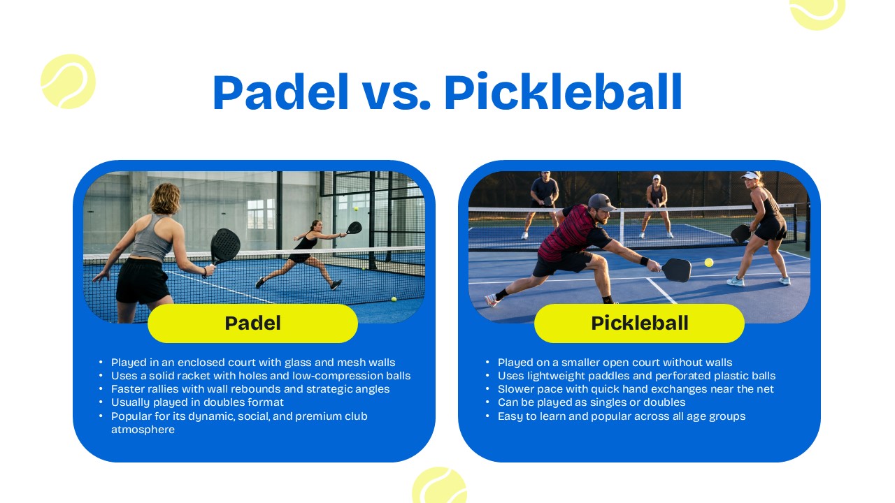 Padel Sport Template - Comparison slide contrasting padel and pickleball sports side by side