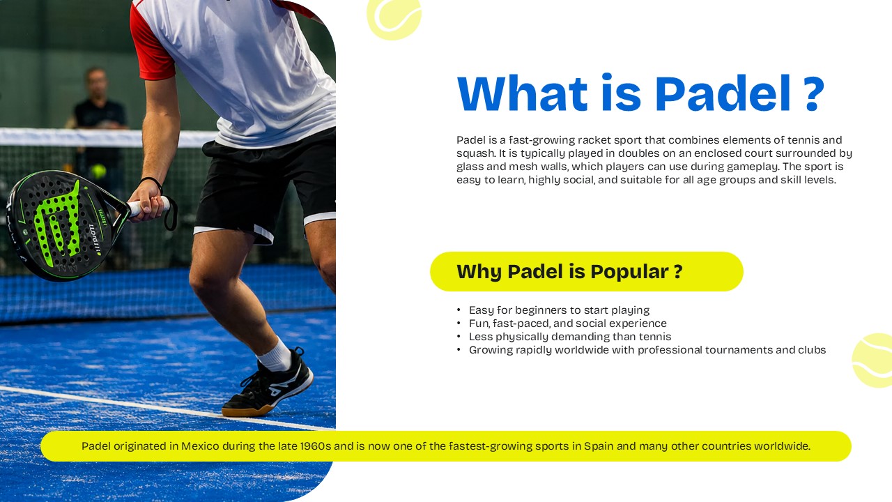 Padel Sport Template - Introduction slide explaining what padel is and why it's becoming popular worldwide