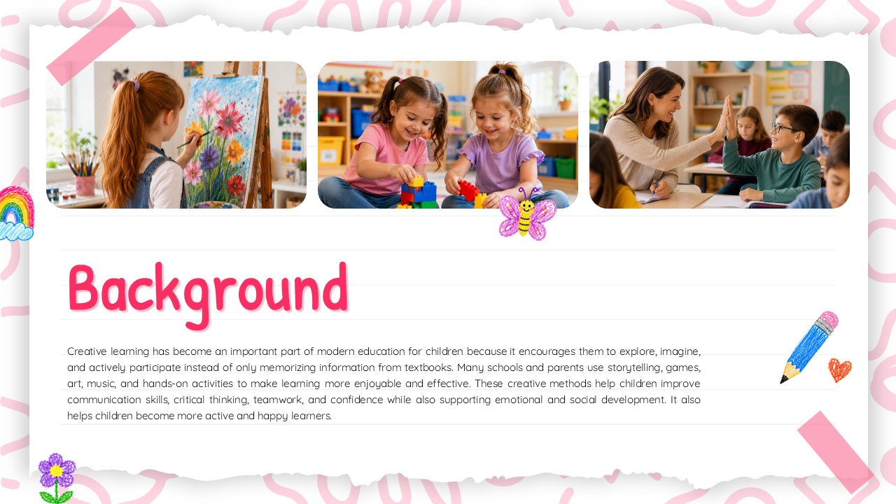 Paper Notes Theme Background Slide - pink heading with three child activity photos and paragraph text on notebook paper
