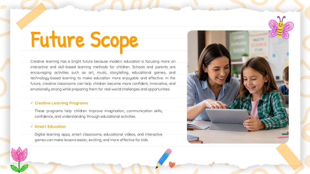 Paper Notes Theme Future Scope Slide - orange heading with bullet sections and teacher-child tablet photo on notebook background