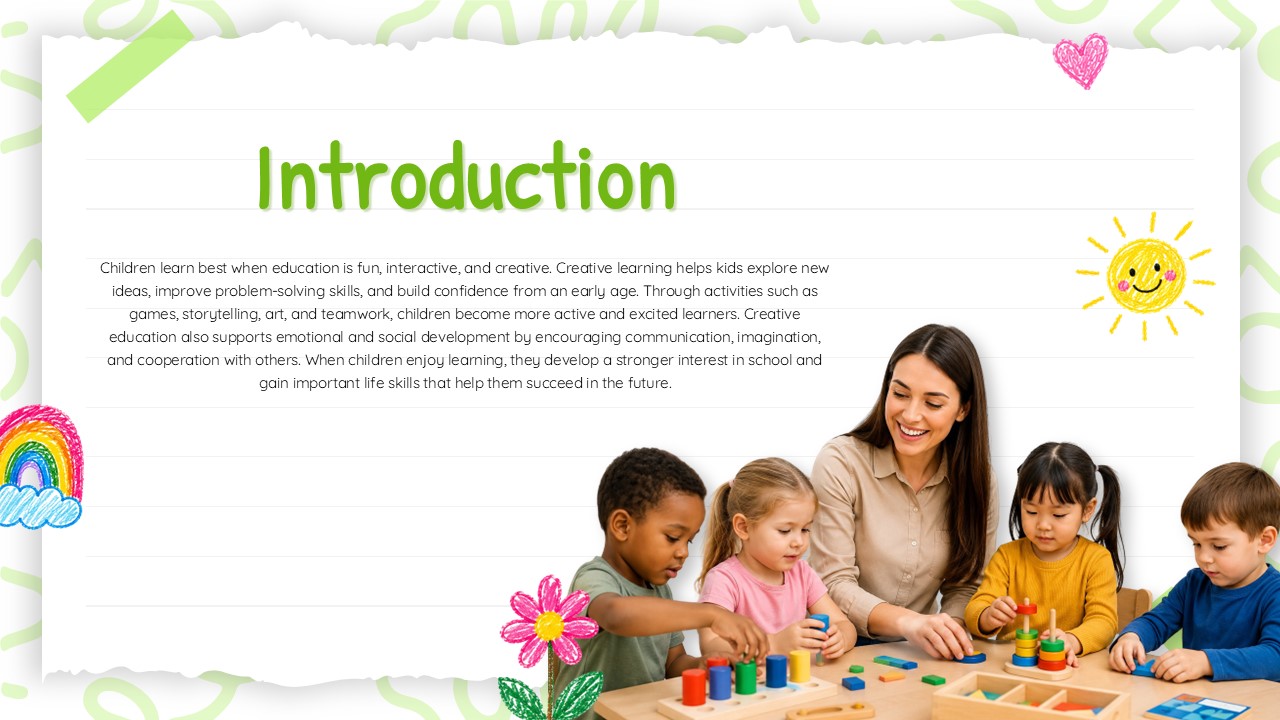 Paper Notes Theme Introduction Slide - two-column layout with green heading, body text, and teacher with children photo