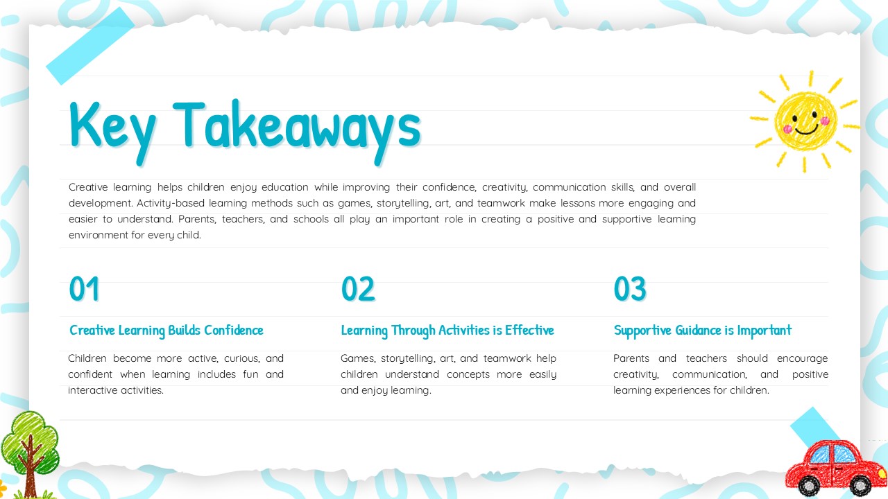 Paper Notes Theme Key Takeaways Slide - teal heading with three numbered summary columns on lined notebook paper