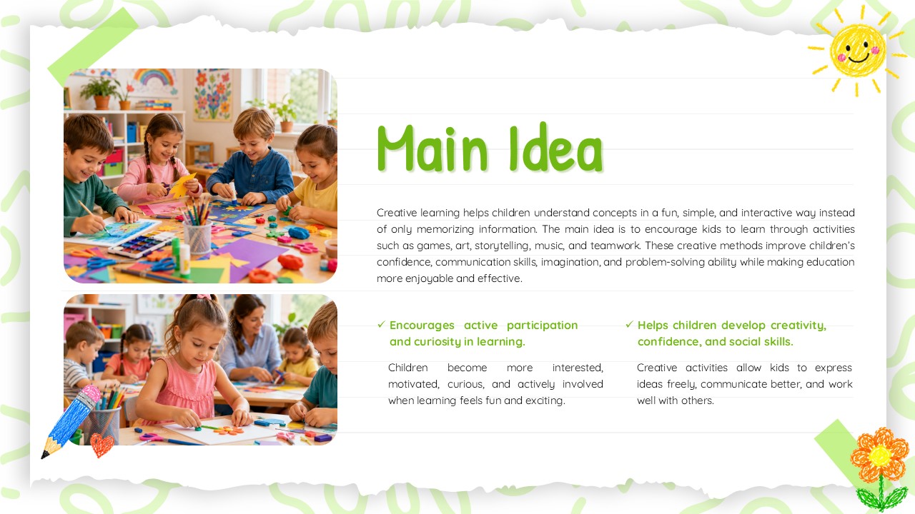 Paper Notes Theme Main Idea Slide - green heading with dual child activity photos and two feature highlight boxes