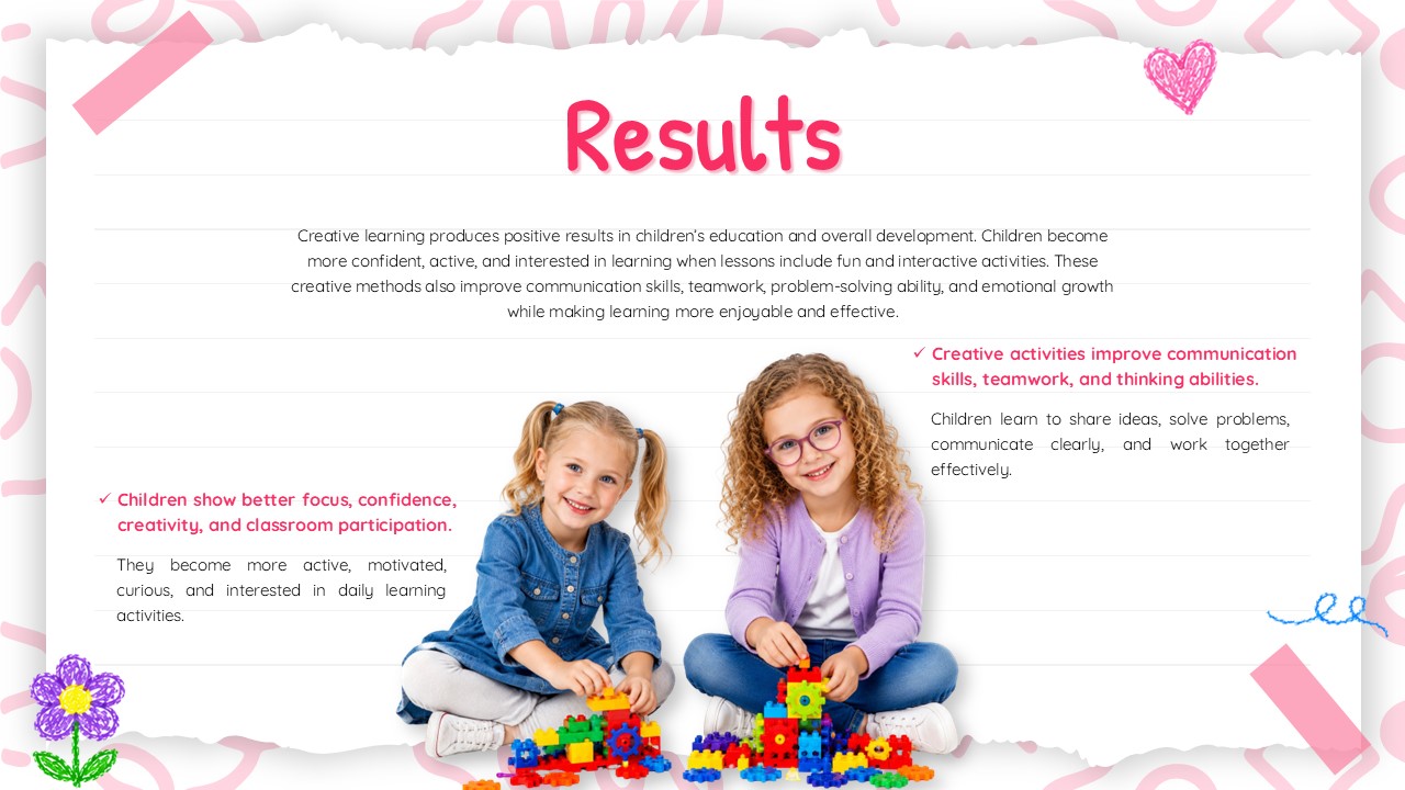 Paper Notes Theme Results Slide - pink heading with center child photo and two feature callout text blocks