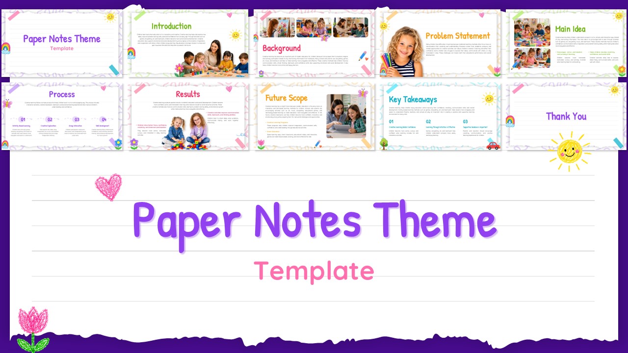Paper Notes Theme Template - colorful children's slide preview with doodle decorations and playful notebook design