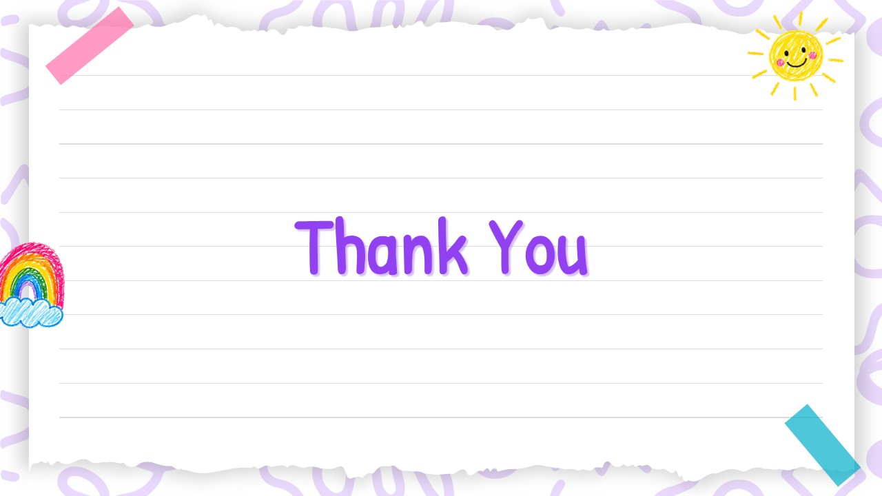 Paper Notes Theme Thank You Slide - bold purple text on lined notebook paper with rainbow and sun crayon doodles