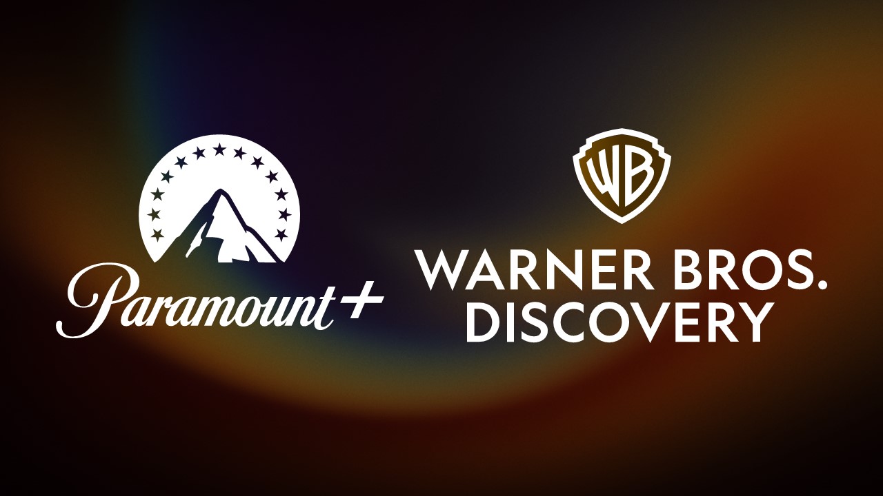 Paramount Warner Bros Deal Overview Template - split slide with $110B and $6B+ KPI stats and dual logos