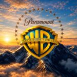 Paramount Warner Bros Google Slides Template - cinematic cover slide with merged Paramount and WB shield logo