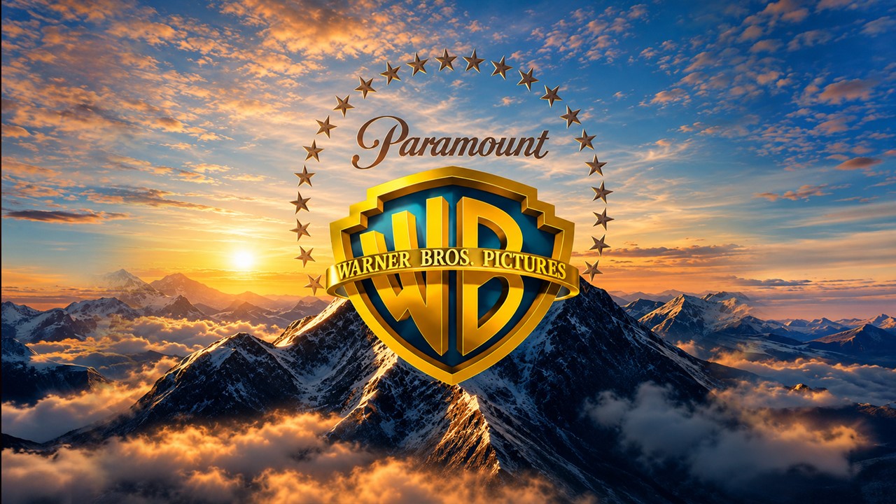 Paramount Warner Bros Google Slides Template - cinematic cover slide with merged Paramount and WB shield logo