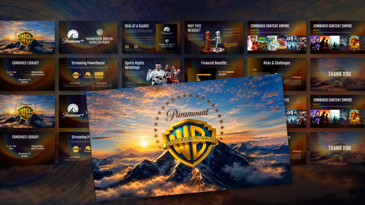 Paramount Warner Bros Template - mosaic preview of all 13 cinematic dark-gold pitch deck slides