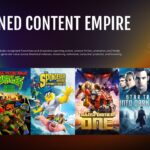 Warner Bros Discovery Content Assets Template - dark slide with six WBD franchise posters in a filmstrip layout