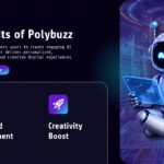 Polybuzz Benefits Template - Happy robot mascot presents holographic tablet beside icon-based benefit cards on dark navy layout