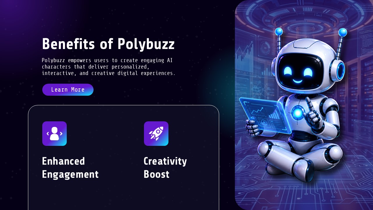 Polybuzz Benefits Template - Happy robot mascot presents holographic tablet beside icon-based benefit cards on dark navy layout