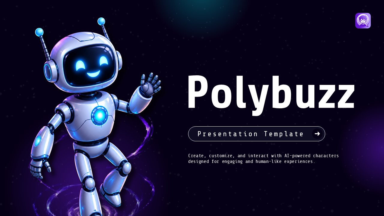 Polybuzz Google Slides PowerPoint Template - Two-column intro slide with confident 3D robot mascot and value proposition card