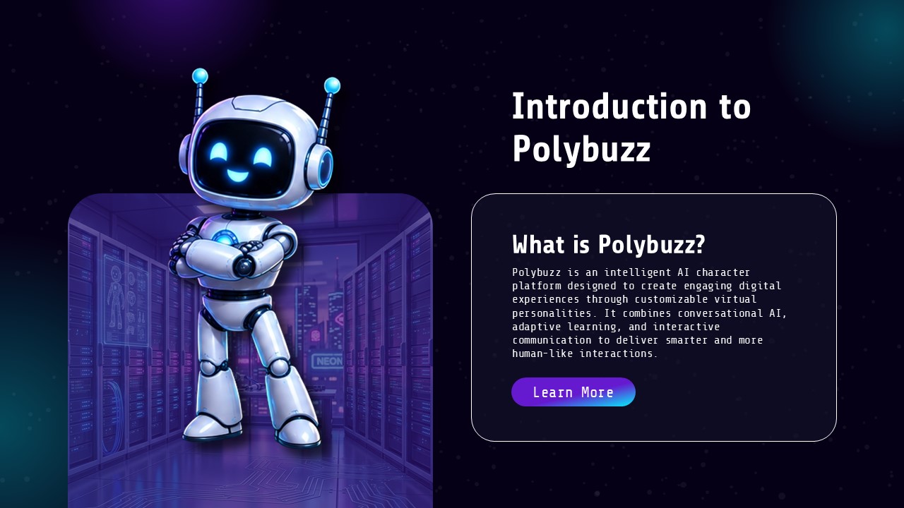 Polybuzz Introduction Overview Template - AI platform intro slide with robot mascot and rounded dark content card on navy background