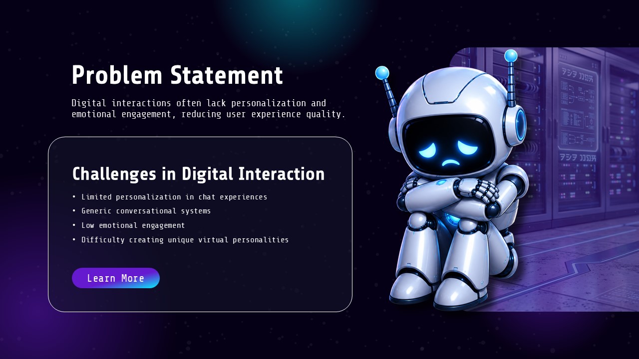 Polybuzz Problem Statement Template - Sad robot mascot mirrors digital engagement challenges in a dark navy pitch deck slide