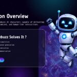 Polybuzz Solution Overview Template - Excited jumping robot mascot beside galaxy-themed panel highlights AI character solutions