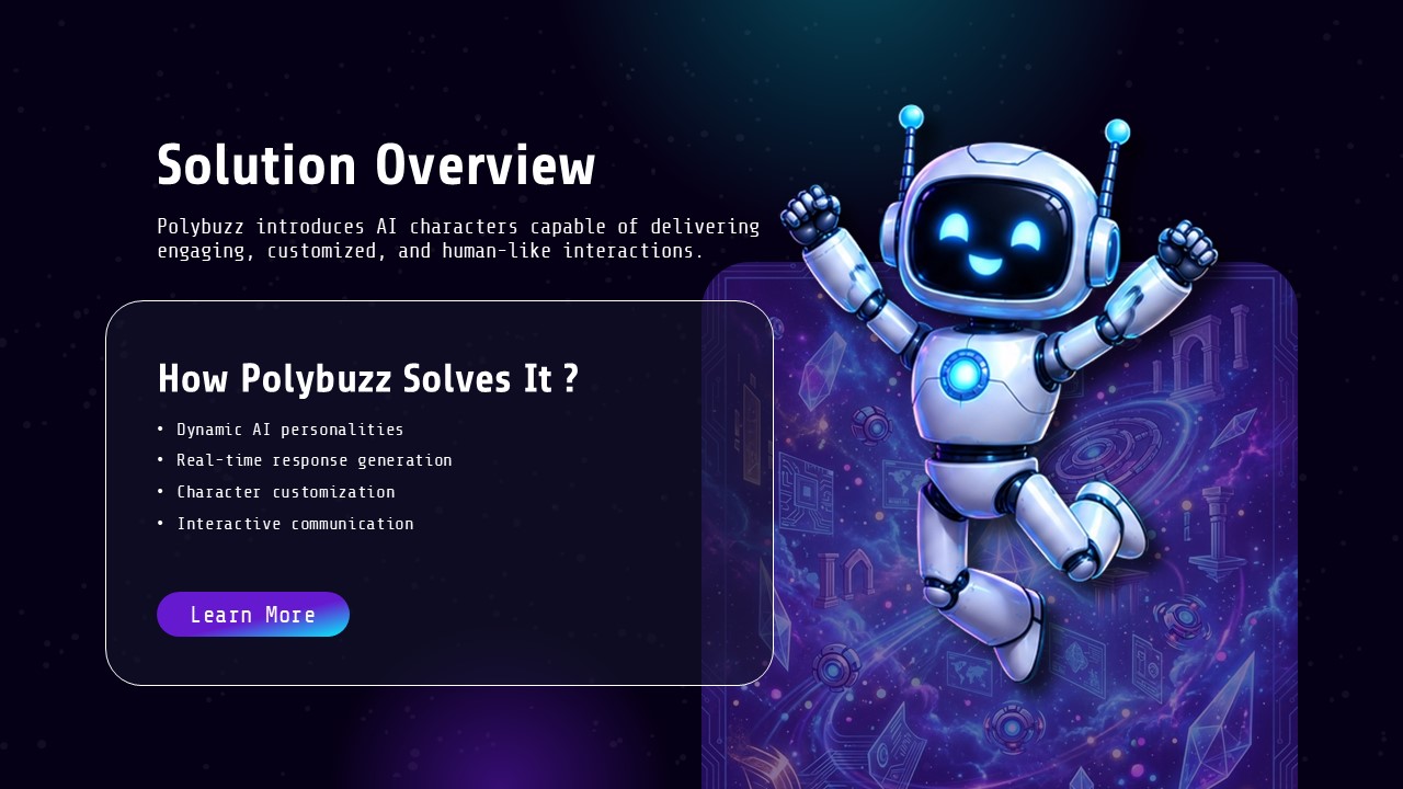Polybuzz Solution Overview Template - Excited jumping robot mascot beside galaxy-themed panel highlights AI character solutions
