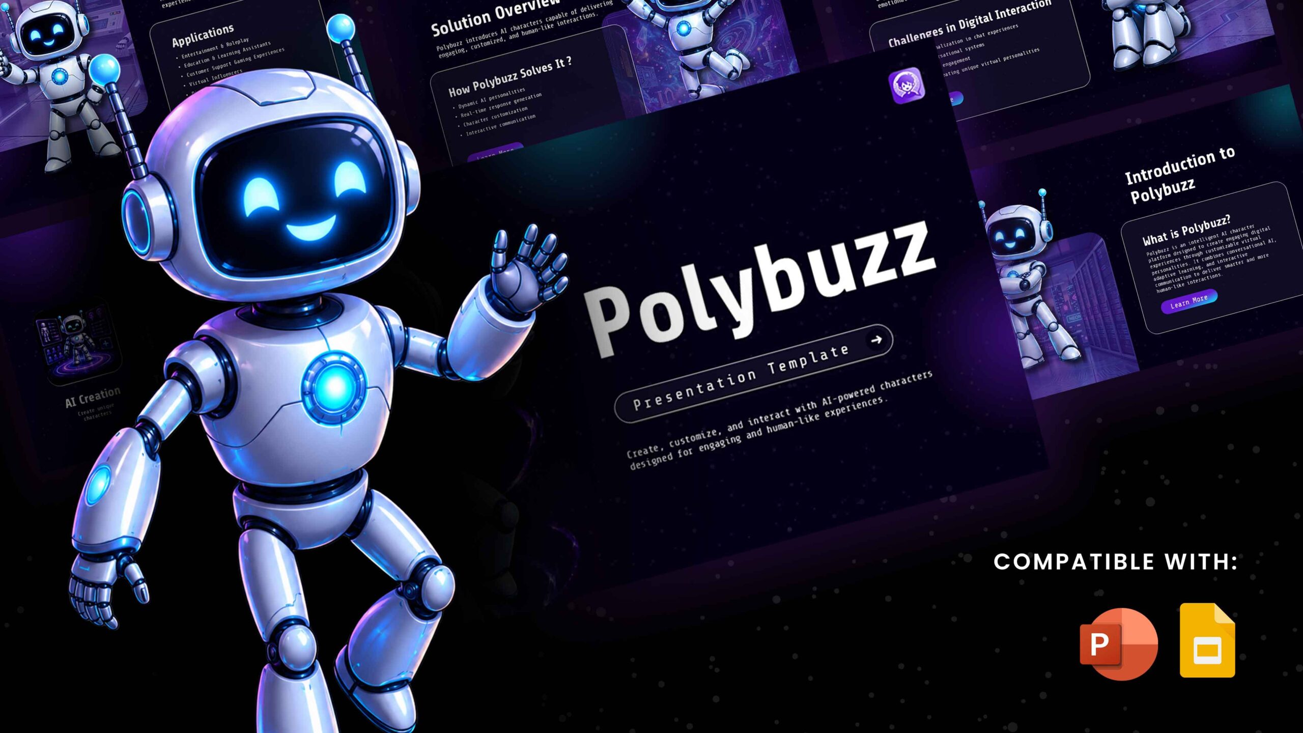 Polybuzz Presentation Template - Futuristic AI robot mascot showcasing 11 dark-themed slides for PowerPoint and Google Slides