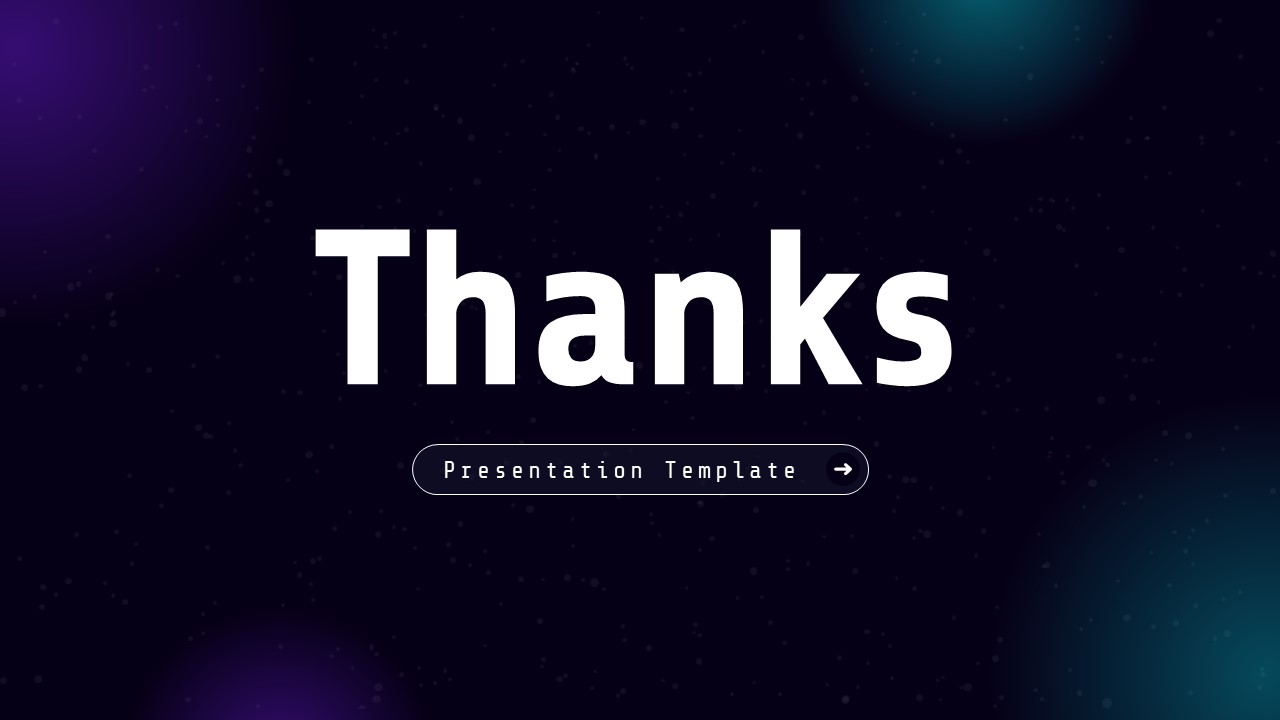 Polybuzz Thank You Template - Minimalist closing slide with oversized Thanks text on starfield navy background with corner glows