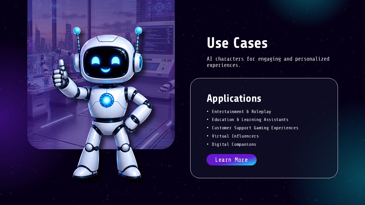 Polybuzz Use Cases Template - Thumbs-up robot mascot beside application list spanning entertainment, education, and virtual influencers