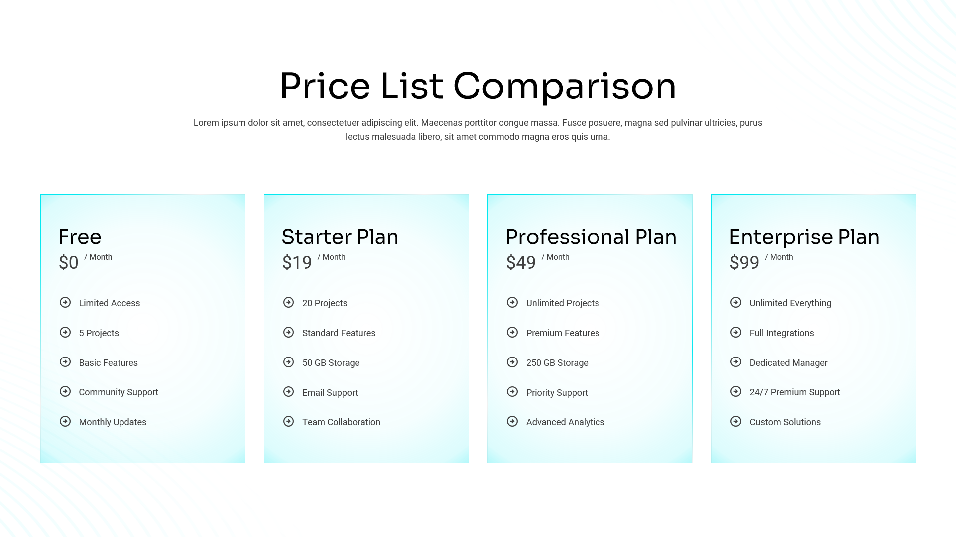 Price Comparison Table Google Slides Template - Light, airy pricing grid with cyan cards displaying tiered plans