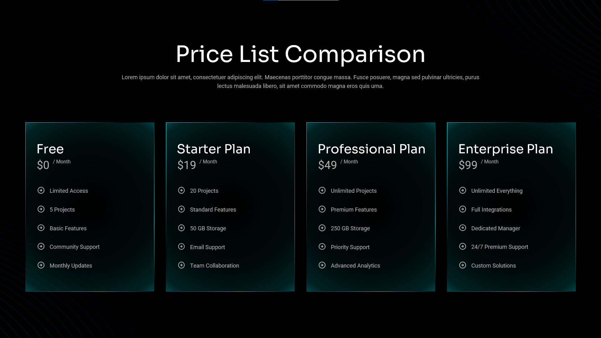 Price Comparison Table Template - Dark-themed pricing cards flowing from free to enterprise tiers with teal accents