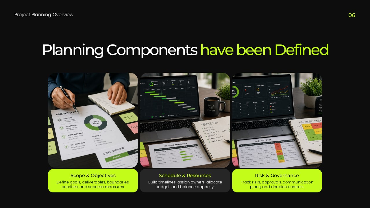 Project Planning Template - KPI dashboard slide with three progress bars and status summary card
